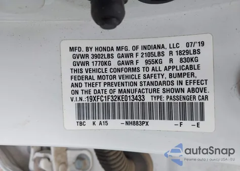 2019 Honda Civic Ex from USA, damaged, VIN 19XFC1F32KE013433
